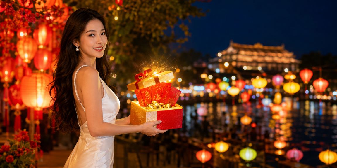 Không khí đêm thị trường Huế với phong bì đỏ may mắn và khuyến mãi xsqtri