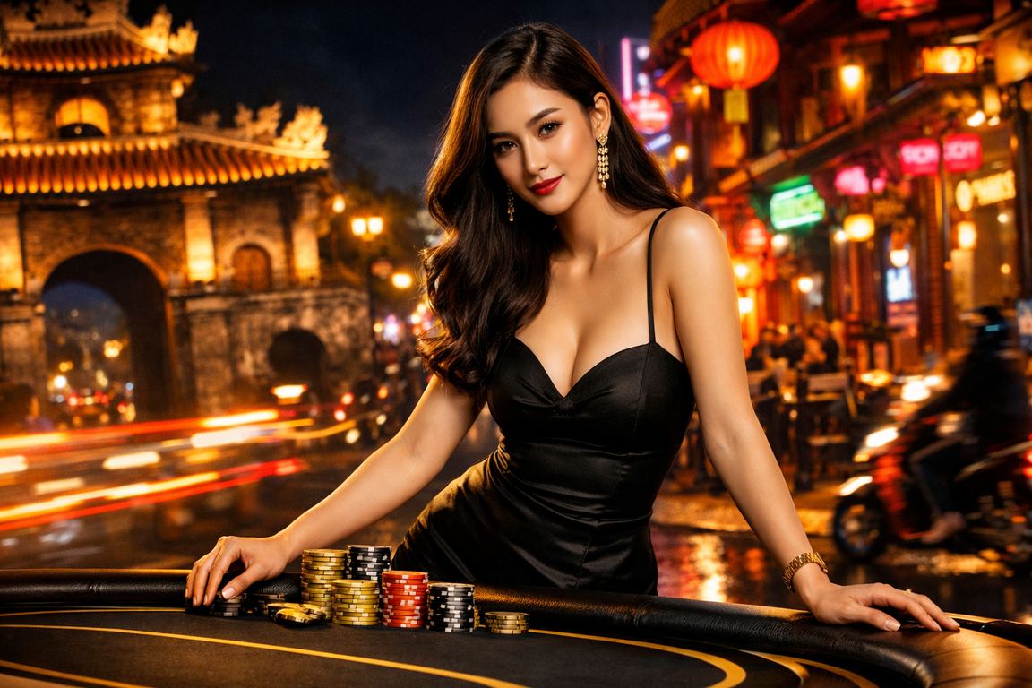 Biểu tượng bảo mật VIP và ánh đèn neon xsqtri tại Huế về đêm